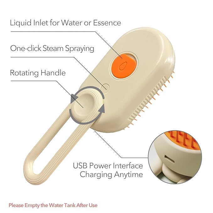 Long-Pin Spray Brush for Long Haired Cats & Dogs, 3-in-1 Design: Fur Remover, Massage and Clean, Steam Brush for Shedding, Steamy Dematting Brush For indoor Cats, Dogs and Rabbits (Khaqi)