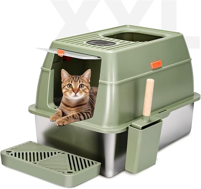 Stainless Steel Litter Box with Lid Cat XXL Metal Front Entry Top Kitty Litter Box,High Side Enclosed Cat Litter Box for Big Cats and Kittens,Extra Large Litter Box with Scoop