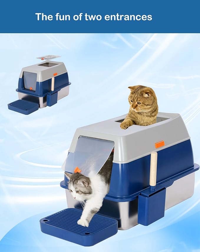 XL Stainless Steel Enclosed Litter Box with Covered, High Sides, Eliminates Odors, Hooded Cat Litter Box, Easy Clean, Extra Large Metal Litter Box with lid for Indoor Cats, Blue, FOXORU