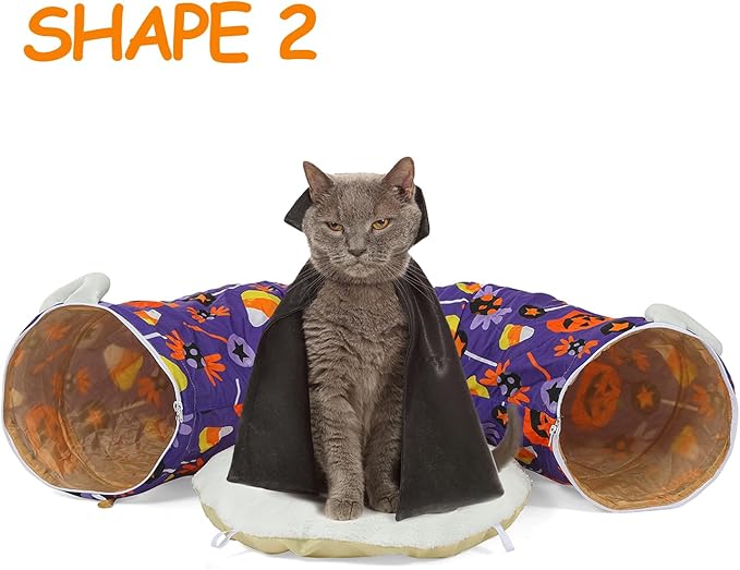 LUCKITTY Halloween Decorative Cat Tunnel Bed - 3FTx3FTx9.8IN - Purple Cat Toy Tunnel Bed Pumpkin and Candy Pattern- Perfect Cozy Hideaway for Small Animals