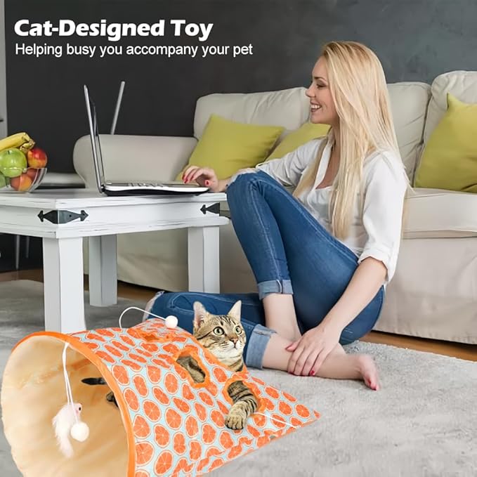 SYCOOVEN Cat Tunnel Bag for Indoor Cats, Pet Collapsible Tunnel Crinkle Sack Bag with 1 Little Mouse & Toy Ball, Crinkle Paper Interactive Cat Toys Hide and Seek(Orange Pattern)
