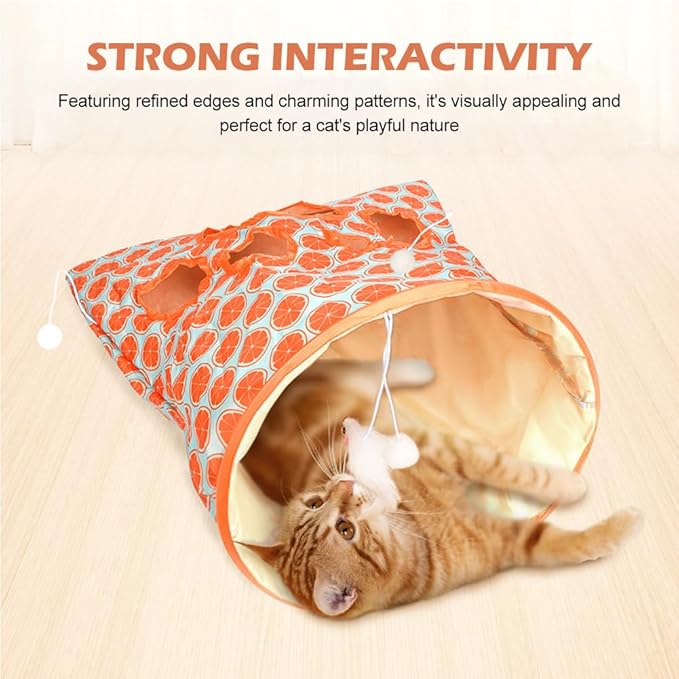 SYCOOVEN Cat Tunnel Bag for Indoor Cats, Pet Collapsible Tunnel Crinkle Sack Bag with 1 Little Mouse & Toy Ball, Crinkle Paper Interactive Cat Toys Hide and Seek(Orange Pattern)