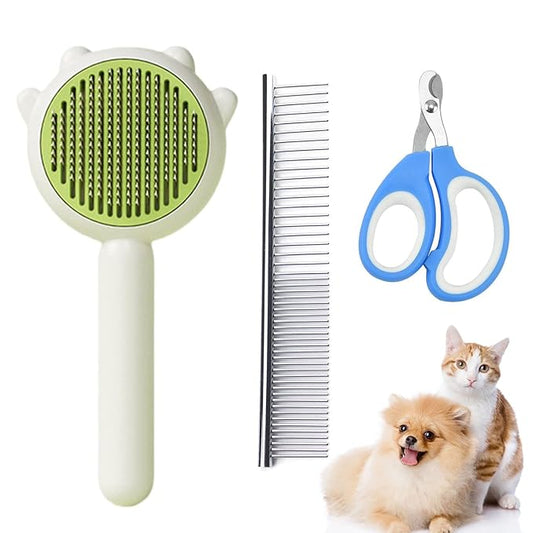 Pet Hair Cleaner Brush Cat Grooming Brush Cat Nail Clipper Release Button Cat Comb with Stainless Steel Teeth for Shedding Hair Cats Dogs Massage Brushes (Green)