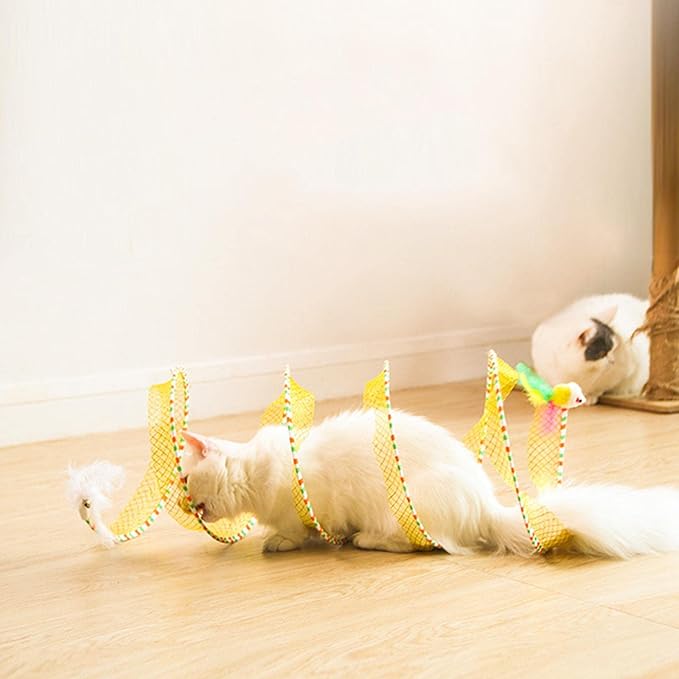 Cat Tunnel with Feather Portable Folding Elastic Mesh Spring Tunnels S Type Tunnel Cat Toy for Pet Supplies Accessories, Yellow