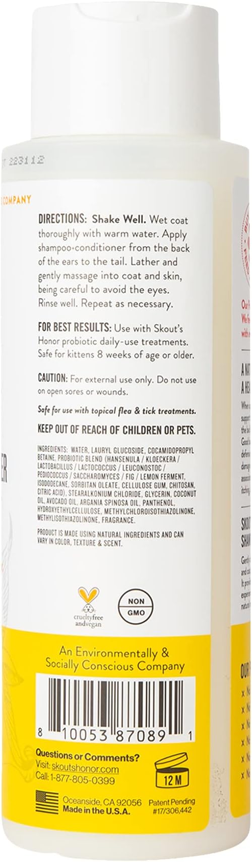 SKOUT'S HONOR Probiotic Cat Shampoo & Conditioner with Avocado Oil & Omega-3s, 97% Natural, Paraben & Sulfate-Free, Cruelty-Free, 16oz, Honeysuckle