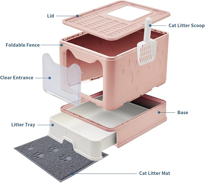 Cat Litter Box with Litter Mat and Scoop, Large Foldable Litter Box with Lid, Front Entry Top Exit Kitty Litter Box, Odor Control Easy Clean (Pink)