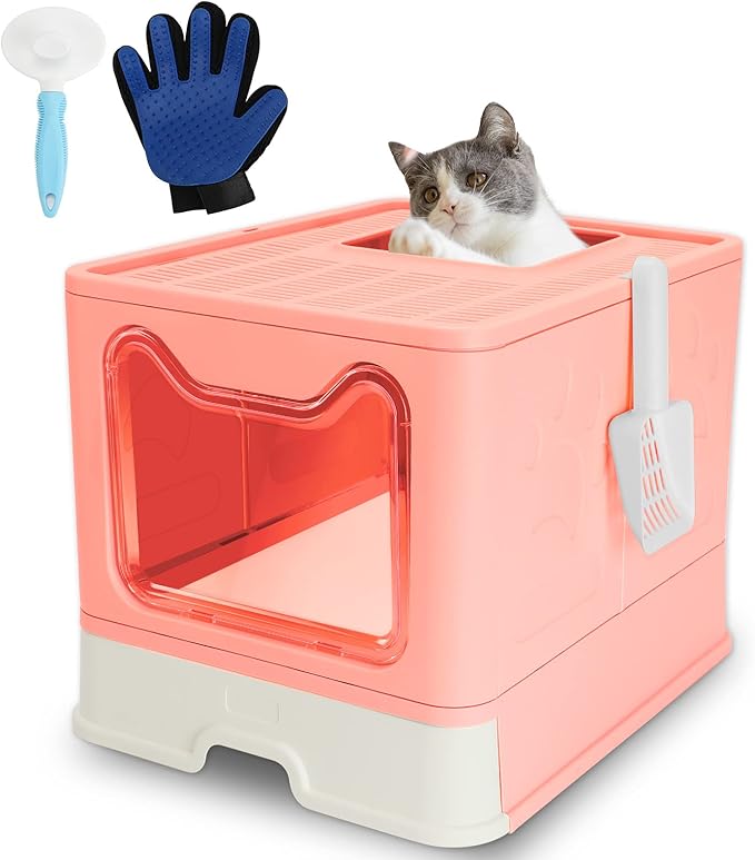 ROCCS Foldable Pink Cat Litter Box with Lid,No Smell Large Top Entry Litter Box with Cat Litter Scoop,Covered Drawer Type Kitty Potty,Including Fur Brush & Cleaning Glove, 20" x 16" x 15"