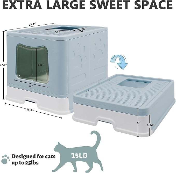 Foldable XL Cat Litter Box with Lid, Jumbo Enclosed Cat Potty, Top Entry Anti-Splashing Cat Toilet, Easy to Clean Including Cat Litter Scoop and 2-1 Cleaning Brush (Blue) Extra Large
