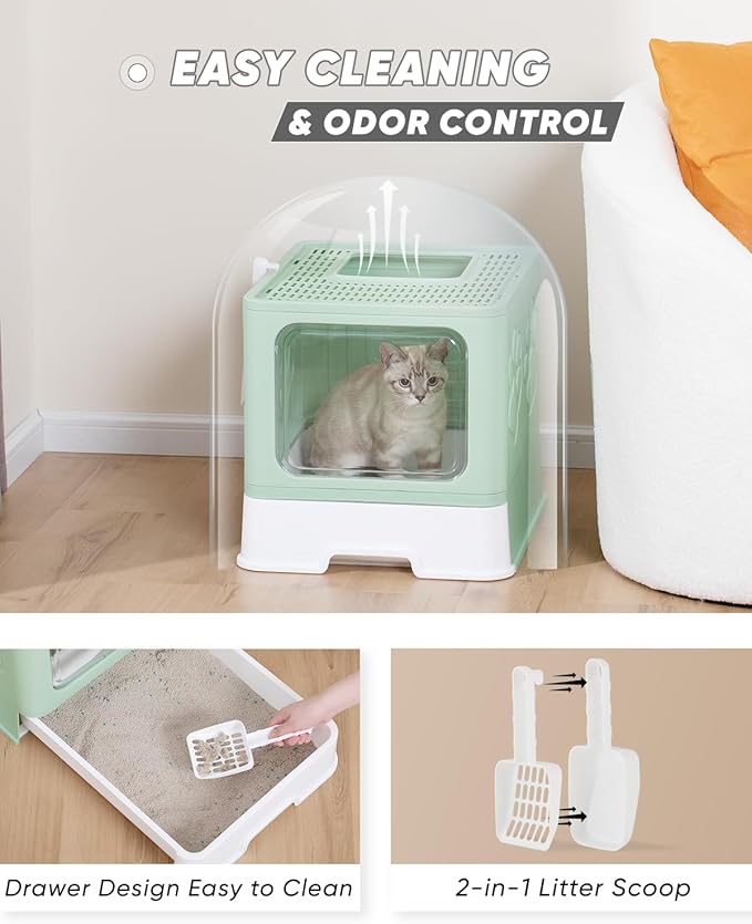 Enclosed Litter Box with Lid, X-Large Foldable Cat Litter Box, Covered Kitty Litter Box, Two-Way Entry and Exit Cat Box with Scoop, Odor Control, Easy to Clean(Green)