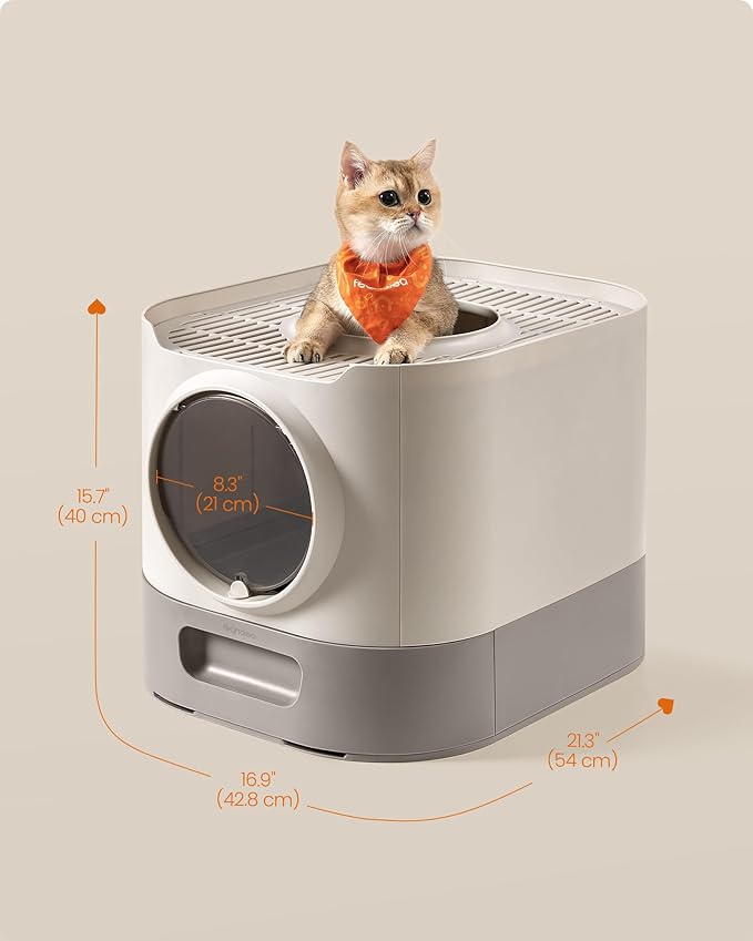 Feandrea Cat Litter Box with Lid, XL Enclosed Litter Box with Slide-Out Tray, Scoop, Brush, Anti-Tracking, for Cats of Different Sizes, Oatmeal and Warm Gray UPPT002G01