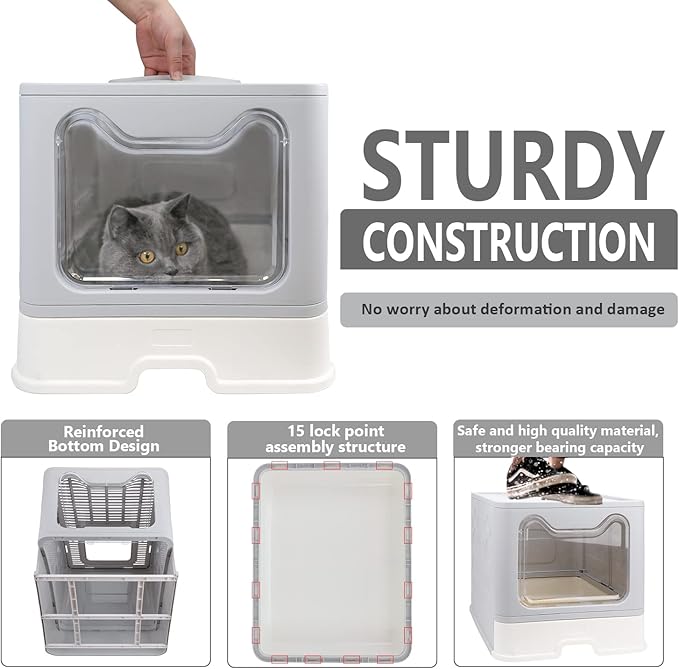 Foldable Cat Litter Box with Lid, Enclosed Cat Potty, Top Entry Anti-Splashing Cat Toilet, Easy to Clean Including Cat Litter Scoop and 2-1 Cleaning Brush (Grey) Large