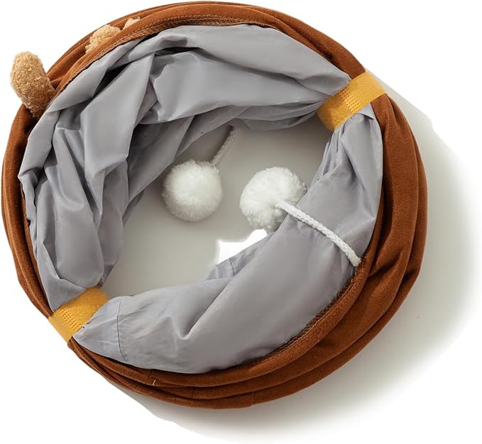 HIPIPET Straight Cat Tunnels for Indoor Cats,Collapsible Cat Tunnel for Small Medium Large Cats with Cat Toy Ball,Cute Bear. (Brown)