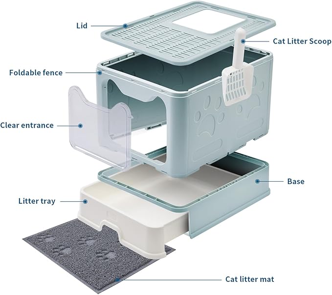 Cat Litter Box with Litter Mat and Scoop, Large Foldable Litter Box with Lid, Front Entry Top Exit Kitty Litter Box, Odor Control Easy Clean (Blue)