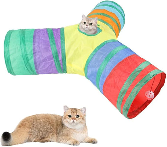 Cat Tunnel with Play Ball, Interactive Peek-a-Boo Cat Toys Cat Tube Toy, Colorful Y-Tunnel