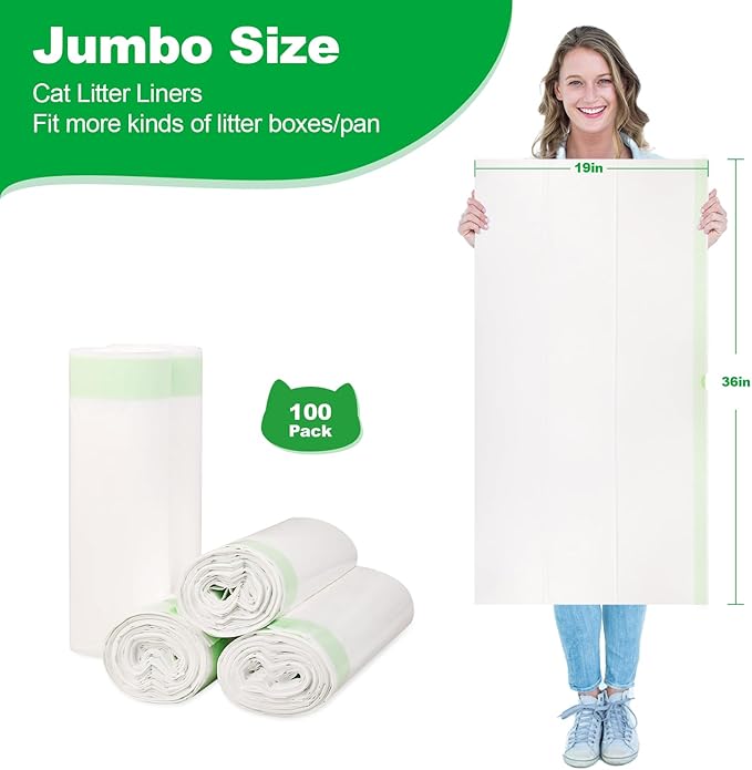 Cat Litter Box Liners Large - 100 Count Cat Litter Liners Jumbo Size 36'' x 19'' - Heavy Duty, Extra-Thick Kitty Litter Liners for Large Giant Litter Boxes - Drawstring Close