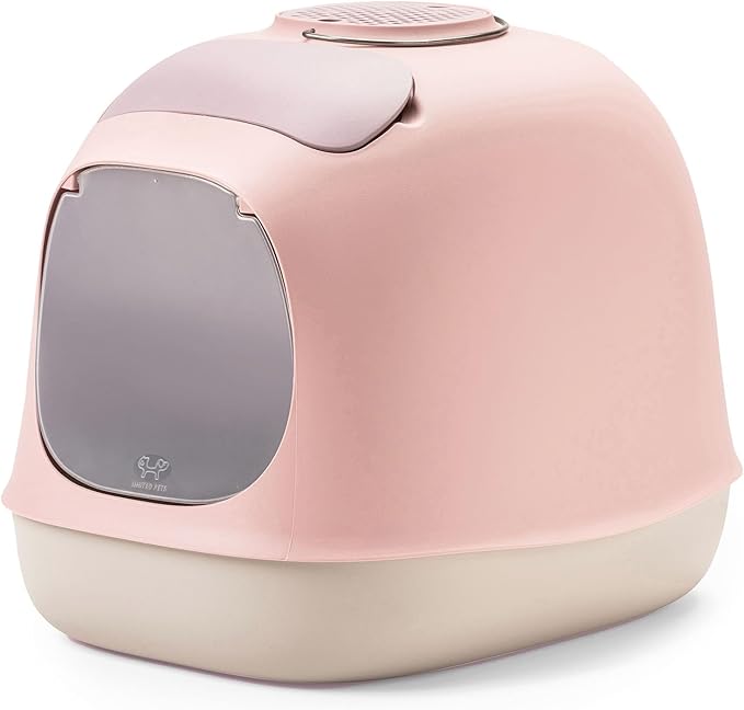 United Pets Minu Hooded Cat Litter Box | Includes Scoop and Filter | Top Entry Litter Box with Paw Pad and Refillable Plastic Bags | Crafted in Italy | 40 x 40 x h50 CM - Pink/Grey