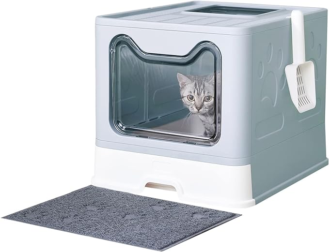 Cat Litter Box with Litter Mat and Scoop, Large Foldable Litter Box with Lid, Front Entry Top Exit Kitty Litter Box, Odor Control Easy Clean (Blue)