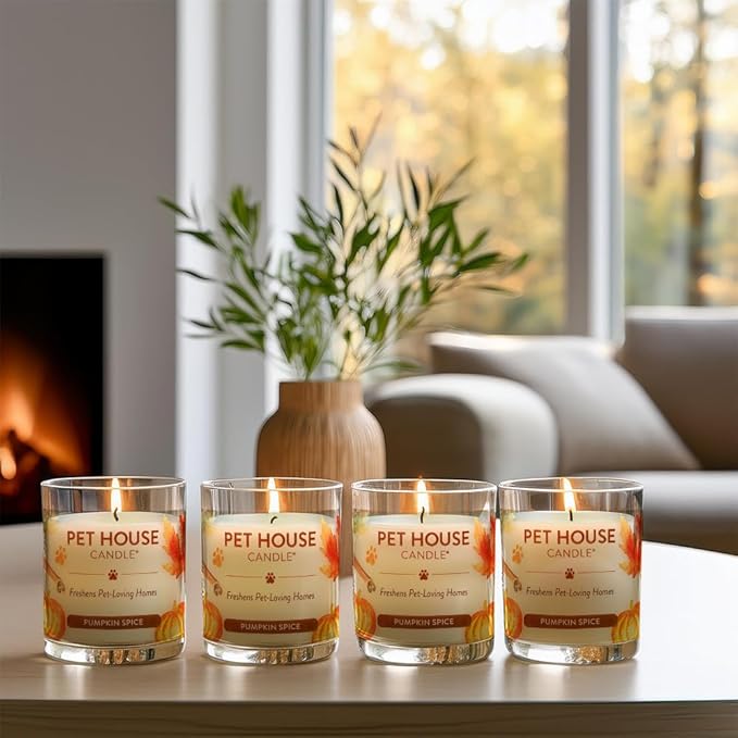 One Fur All Pet House Pumpkin Spice Candles Plant-Based/Soy Candle - Clean Burning Scented Candles, Long Lasting Pet Odor Candle for Home - 4 Pack