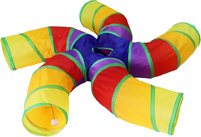 Bemodst Cat Tunnel for Indoor Cats, 2 Way/3 Way/4 Way/5 Way Cat Tubes and Tunnels Collapsible S-Shape Small Animal Tubes Kitty Tunnels Interactive Maze Cat Toy for Kitten Rabbit (Colored 5-Way)