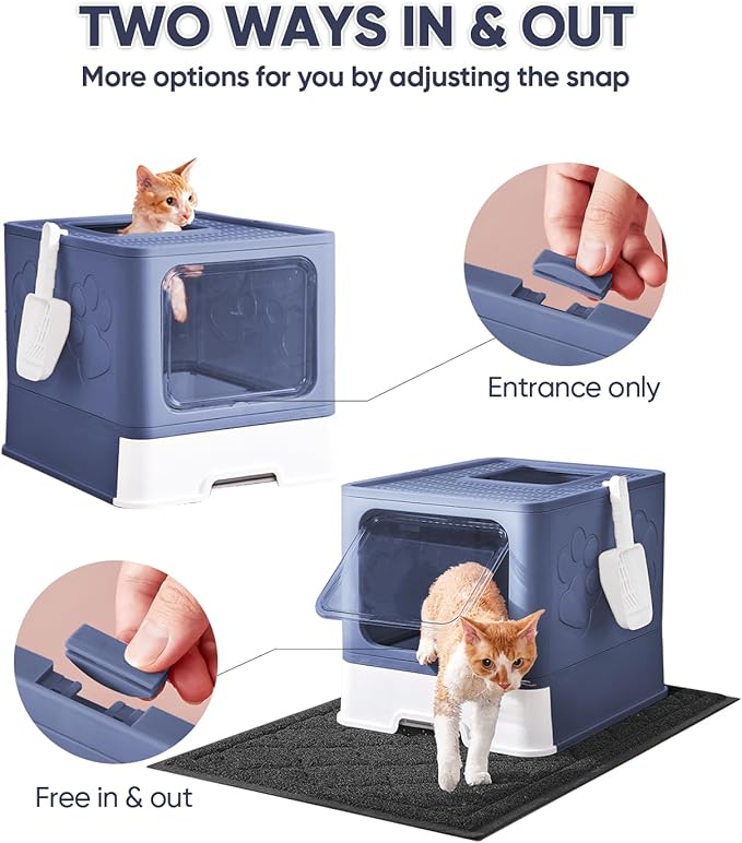 Cat Litter Box with X-Large Litter Mat and Scoop, Large Foldable Litter Box with Lid, Front Top Entry Exit Kitty Litter Box, Odor Control Easy Clean (Upgrade Midnight)
