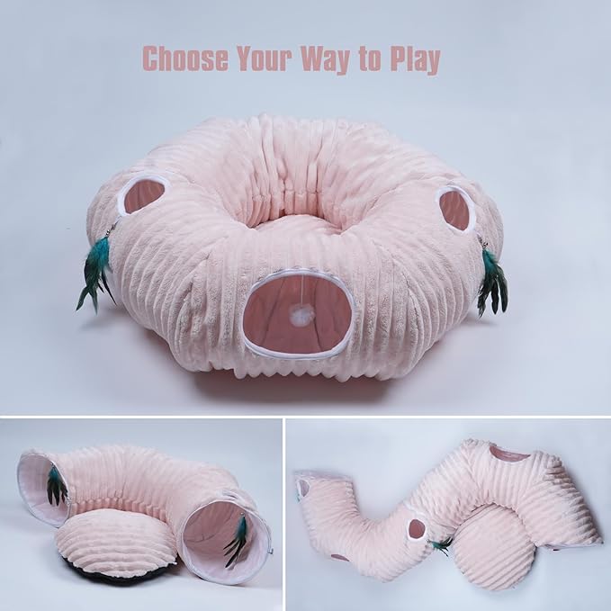 Cat Tunnel Bed,Cat Tunnel Bed with Soft Central Cat Couch,Cat Toys for Indoor Cats,Collapsible Peekaboo Cat Cave,Cat Donut Tunnel and Kitty Toy Set(Pink Stripe,Donut)