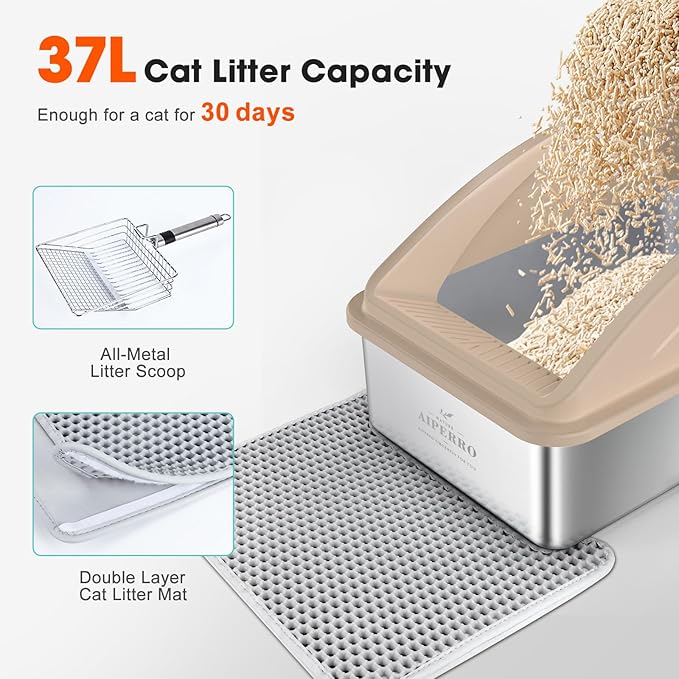 Enclosed Stainless Steel Cat Litter Box with Lid, XL Extra Large Litter Box for Big Cats with Cat Mat and All-Metal Litter Scoop (Beige, X-Large)