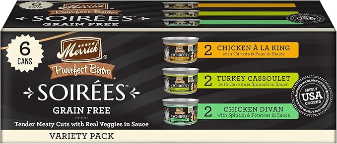Merrick Purrfect Bistro Soirees Grain Free Natural Canned Cat Food with Gravy Variety Pack, Chicken and Turkey - (Pack of 6) 2.75 oz. Cans
