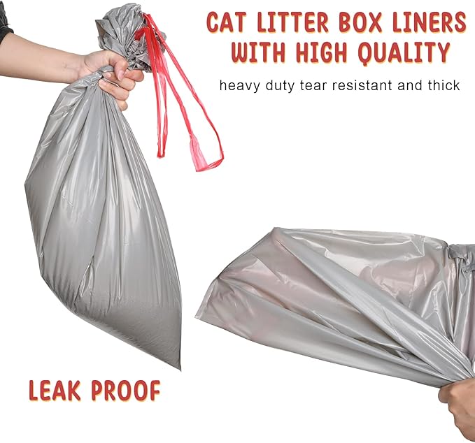 Tinlade 50 Count Jumbo Cat Litter Box Liners Large Drawstring Cat Litter Liners Bags Unscented Tear Resistant for Trash Waste to Keep Your Home Clean(36 x 18 Inch,Gray, Red)