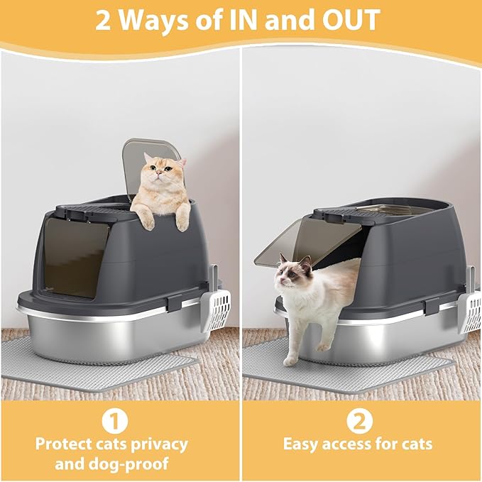 Stainless Steel Litter Box with Lid,Large Enclosed Cat Litter Box, Covered Metal Litter Tray for Easy Cleaning & Odor Control, Includes Scoop and Litter Mat, Hooded Cat Litter Pan for Kitten (Gray)