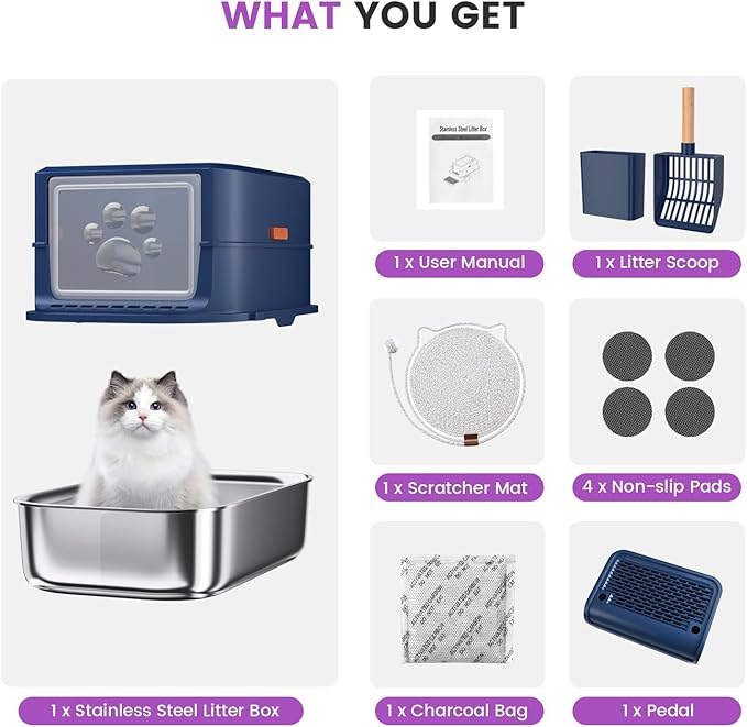 Stainless Steel Cat Litter Box with Lid - 3 in 1 Enclosed Cat Litter Box XL Extra Large Odor Control Covered Metal Litter Pan for Big Multiple Cats Includes Step, Scoop, Cat Scratcher Mat