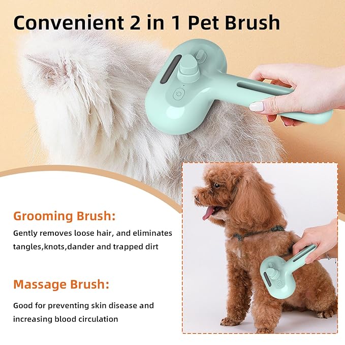 SmartTail Hair Brush for Shedding, 2-In-1 Cat Steam Brush, Self Cleaning Pet Grooming Brush, Cat Brushes for Indoor Cats and Dogs, Green