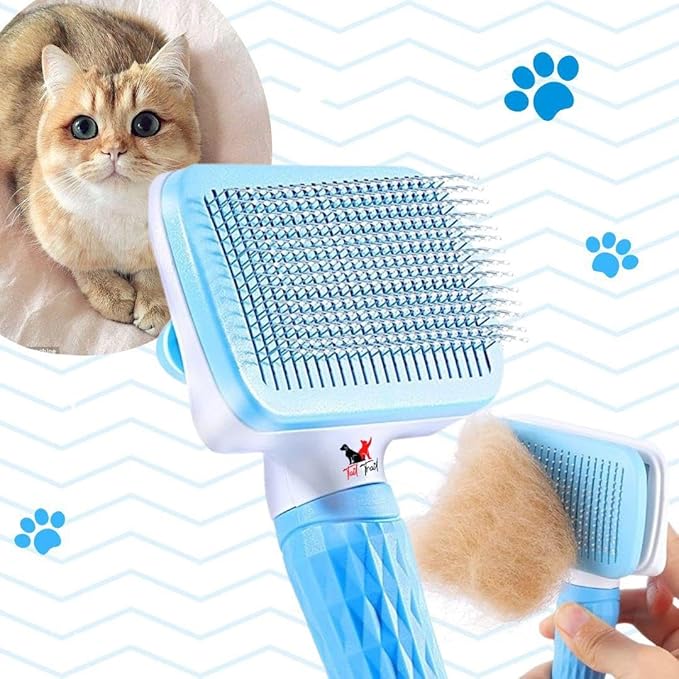 TAILTRAIL Dog Brush, Cat Brush&Comb, Pet Brush for Long and Short Hair, Pet Grooming Brush, Self-cleaning Slicker Brush Clean Pet Hair from Brush with One Button, Blue (FREE COMB GIFT)