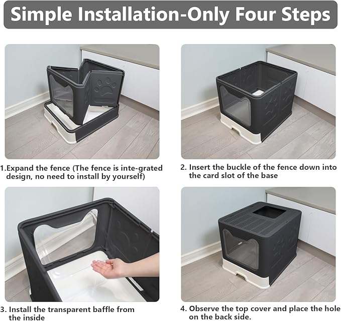 Foldable Cat Litter Box with Lid, Enclosed Cat Potty, Top Entry Anti-Splashing Cat Toilet, Easy to Clean Including Cat Litter Scoop and 2-1 Cleaning Brush (Black) Large