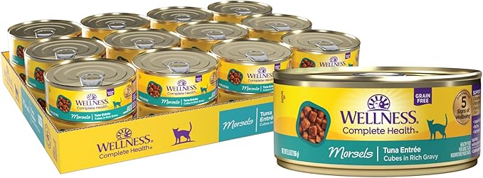 Wellness Complete Health Natural Grain Free Wet Canned Cat Food, Cubed Tuna Entrée in Rich Gravy, 5.5-Ounce Can (Pack of 24)