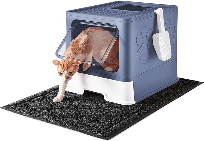 Cat Litter Box with X-Large Litter Mat and Scoop, Large Foldable Litter Box with Lid, Front Top Entry Exit Kitty Litter Box, Odor Control Easy Clean (Upgrade Midnight)