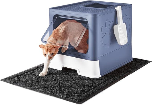 Cat Litter Box with X-Large Litter Mat and Scoop, Large Foldable Litter Box with Lid, Front Top Entry Exit Kitty Litter Box, Odor Control Easy Clean (Upgrade Midnight)