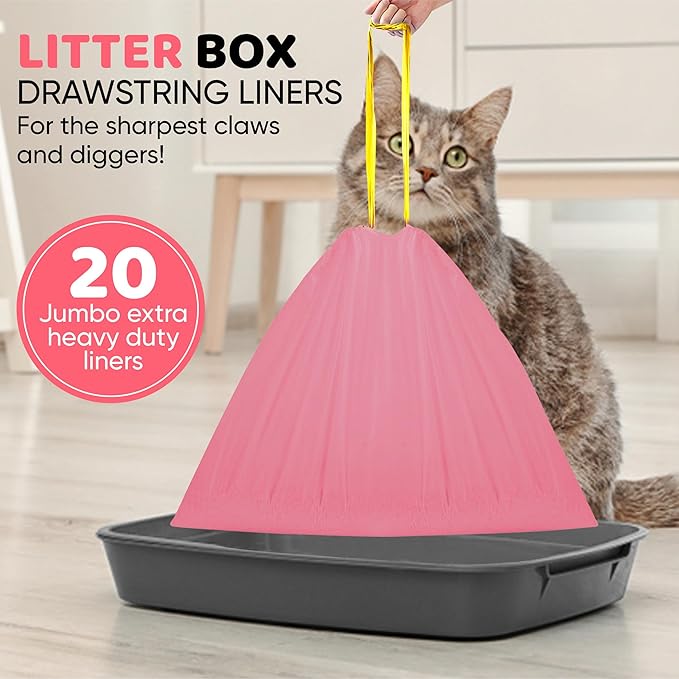 Extra Heavy Duty Jumbo Cat Litter Box Liners 20 Count Cat Waste Liners, Pink Color