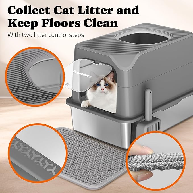 Pawtners Stainless Steel Cat Litter Box, XL Extra Large Enclosed Kitty Litter Pan, Front Entry Top Exit Hooded Metal Cat Toilet for Odor Control with Removable Lid & Scoop, Anti-Leakage, Easy to Clean
