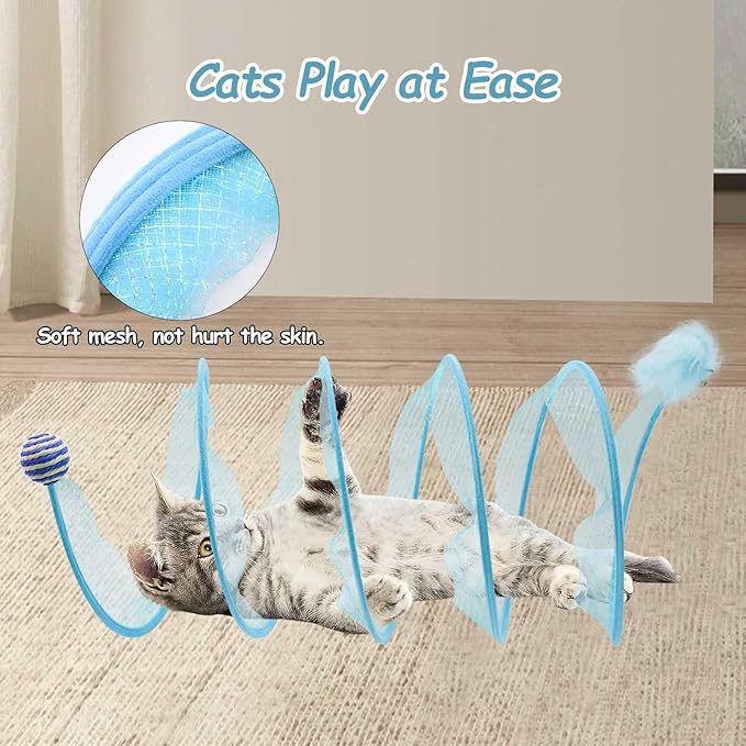Cat Tunnel, Folded Cat Tunnel Toy 1PCS, Blue Sisal Hemp Ball Tube Cat Springs for Indoor with Feather, Mouse Toys Interactive Cat Toy Tunnel Self-Happy Cat Toys, S-Type Collapsible Tent