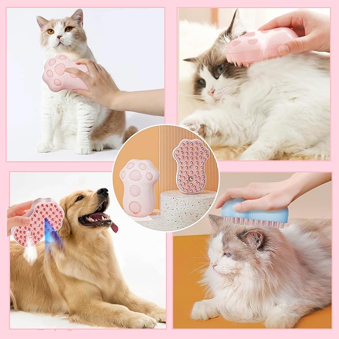 Cat Steam Brush,4 in 1 Spray Cat Brush, Pets Grooming Brush for Shedding, Portable Pet Hair Removal Tool For Cats and Dogs, Pets Steamy Brush,Pink
