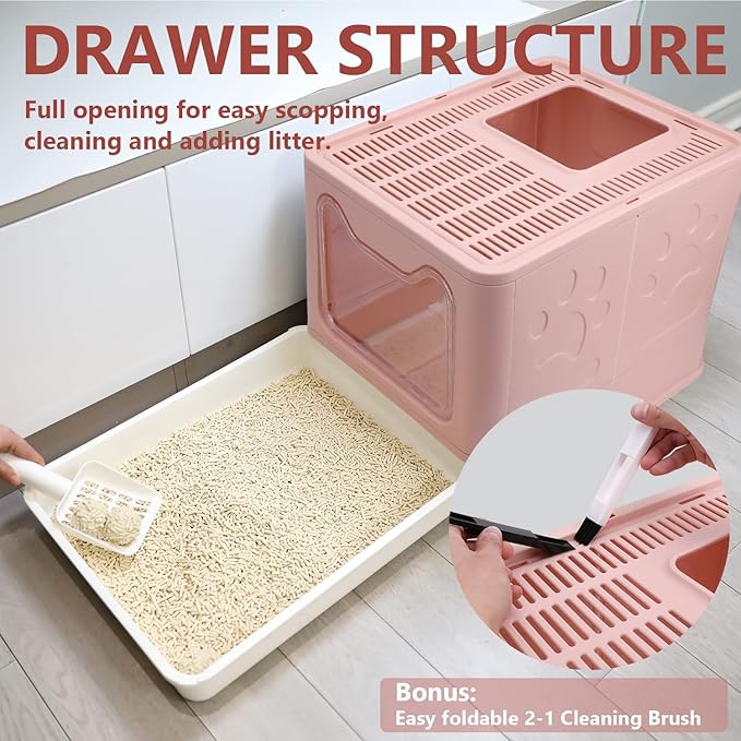 Foldable Cat Litter Box with Lid, Enclosed Cat Potty, Top Entry Anti-Splashing Cat Toilet, Easy to Clean Including Cat Litter Scoop and 2-1 Cleaning Brush (Pink) Large
