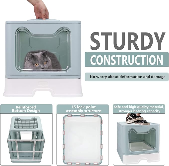 Foldable Cat Litter Box with Lid, Enclosed Cat Potty, Top Entry Anti-Splashing Cat Toilet, Easy to Clean Including Cat Litter Scoop and 2-1 Cleaning Brush (Blue) Large
