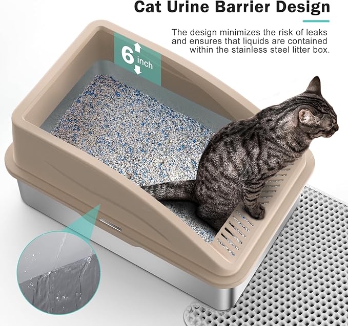 Enclosed Stainless Steel Cat Litter Box with Lid, XL Extra Large Litter Box for Big Cats with Cat Mat and All-Metal Litter Scoop (Beige, X-Large)