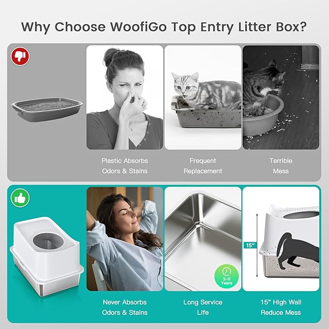 Stainless Steel Cat Litter Box, Large Top Entry Litter Box for Big Cats, Enclosed Kitty Litter Box with Lid, Metal Cat Litter Box Never Absorbs Odors, Easily Cleaning, Include Scoop