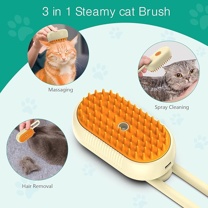 ORIA Cat Steam Brush, 3 in 1 Pet Spray Comb, Self Cleaning Steam Dog Cat Brush, Rechargeable Silicone Grooming Tool with Concealed Handle for Shedding, Hair Removal, Pet Massage