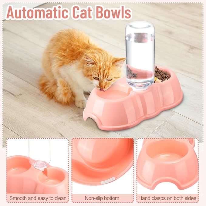 Tioncy 7 Pcs Small Cat Kitten Starter Kit Cat Litter Box with Shovel Cat Paw Litter Mat Double Automatic Cat Bowls Cat Toy Teaser Stick Cat Collar Essentials Kits for 1-3 Lbs Beginner (Pink)