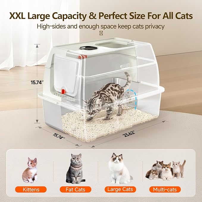 Stainless Steel Litter Box with Lid,Extra Large Metal Litter Box for Big Cats,Front Entry Top Exit Kitty Litter Box,Covered Litter Box with Triple Pedal,Scoop and Mat,Odor Free,Non-Sticky,Anti-Leakage