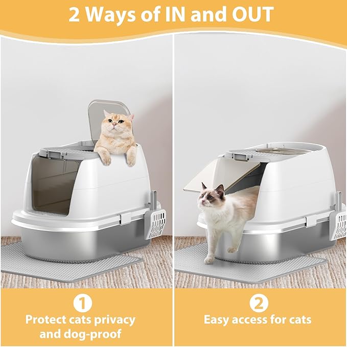 Stainless Steel Litter Box with Lid,Large Enclosed Cat Litter Box, Covered Metal Litter Tray for Easy Cleaning & Odor Control, Includes Scoop and Litter Mat, Hooded Cat Litter Pan for Kitten (White)