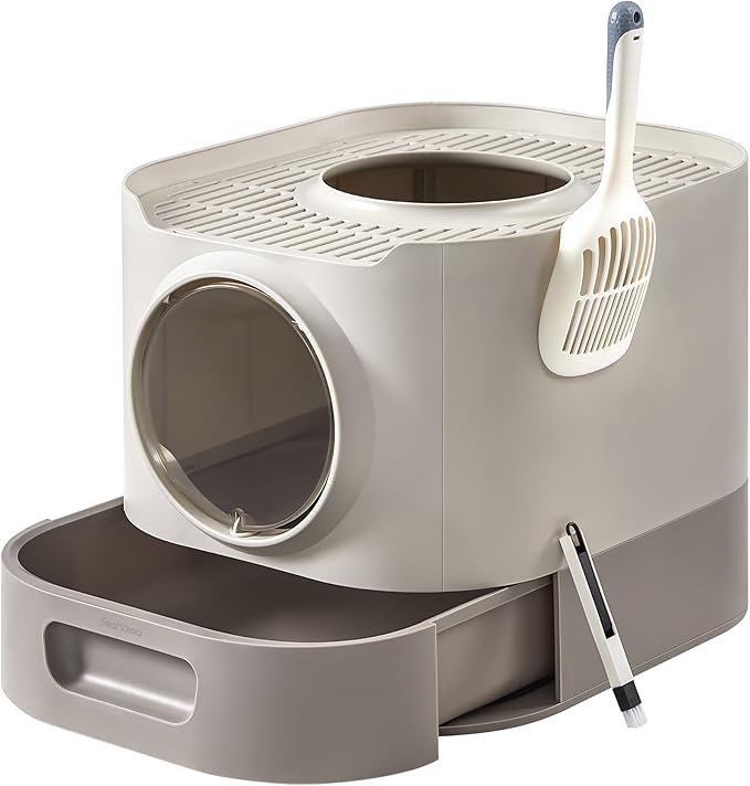 Feandrea Cat Litter Box with Lid, XL Enclosed Litter Box with Slide-Out Tray, Scoop, Brush, Anti-Tracking, for Cats of Different Sizes, Oatmeal and Warm Gray UPPT002G01