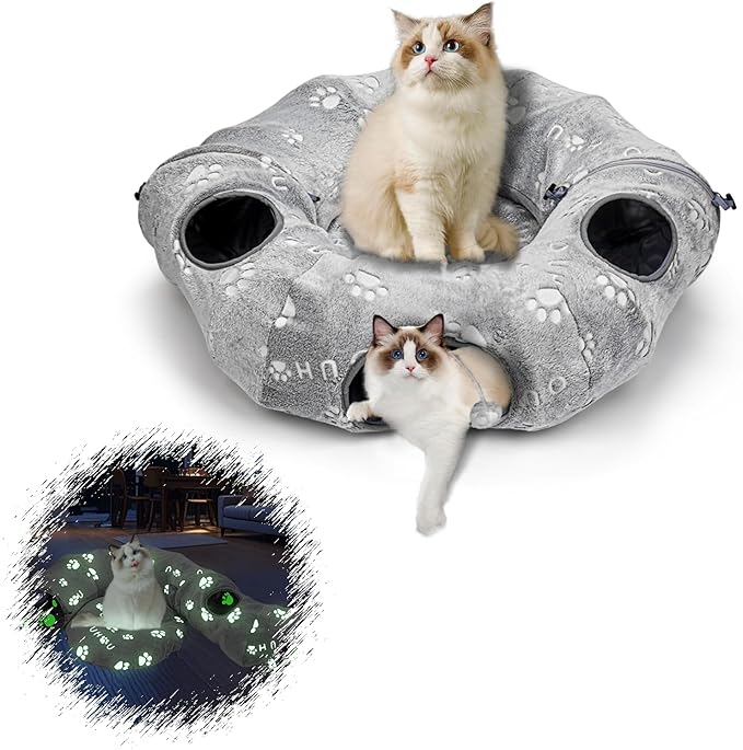 Lahas Cat Tunnels Bed for Indoor Cats - Donut Tubes Adjustable Shape, Washable Circle Cushion, Pet Play Balls and Holes, Self-Luminous Cat Toys